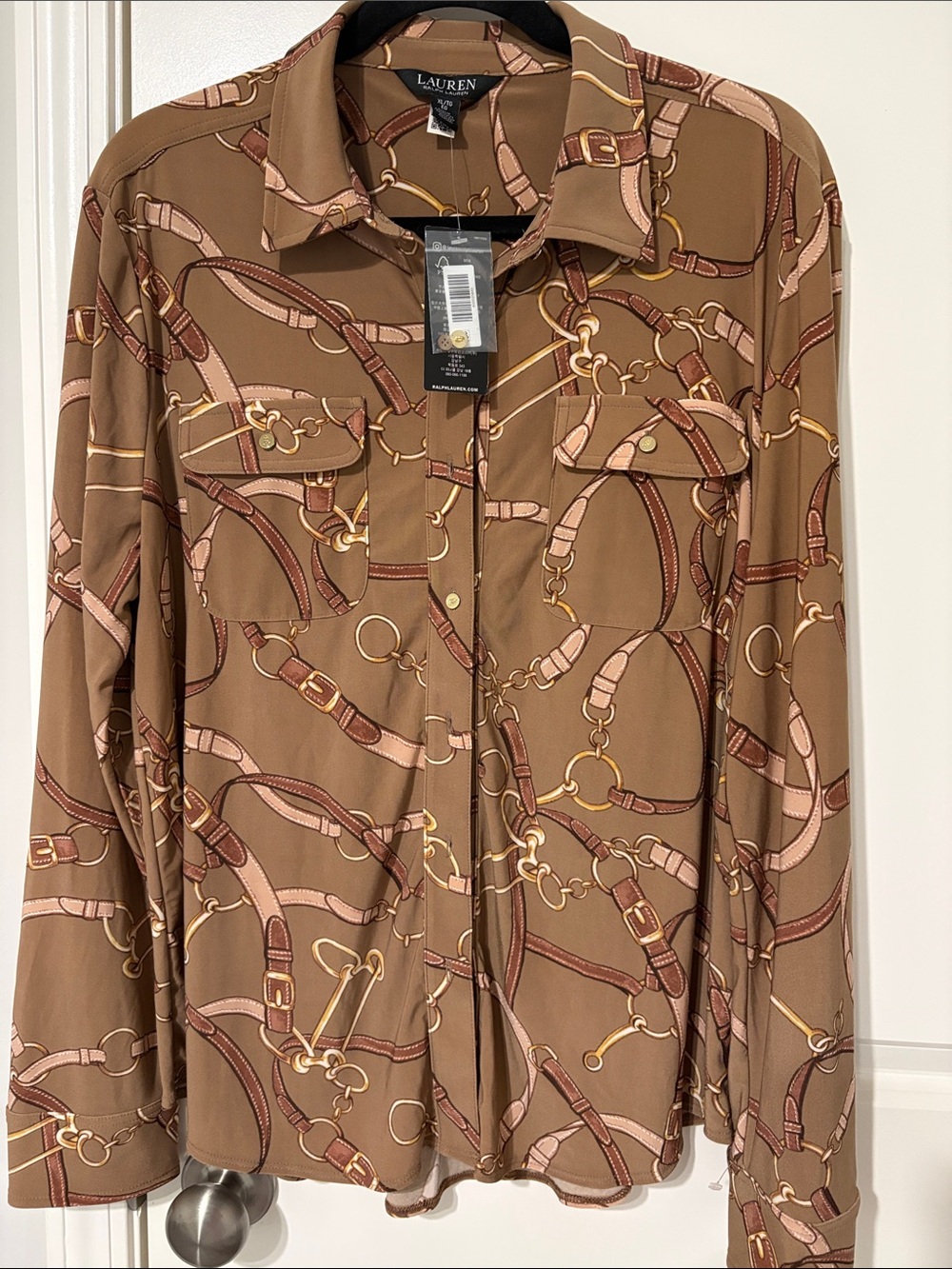 Lauren Ralph Lauren Belting Print Button-Up Stretch Jersey Shirt Blouse - Picture 2 of 8
